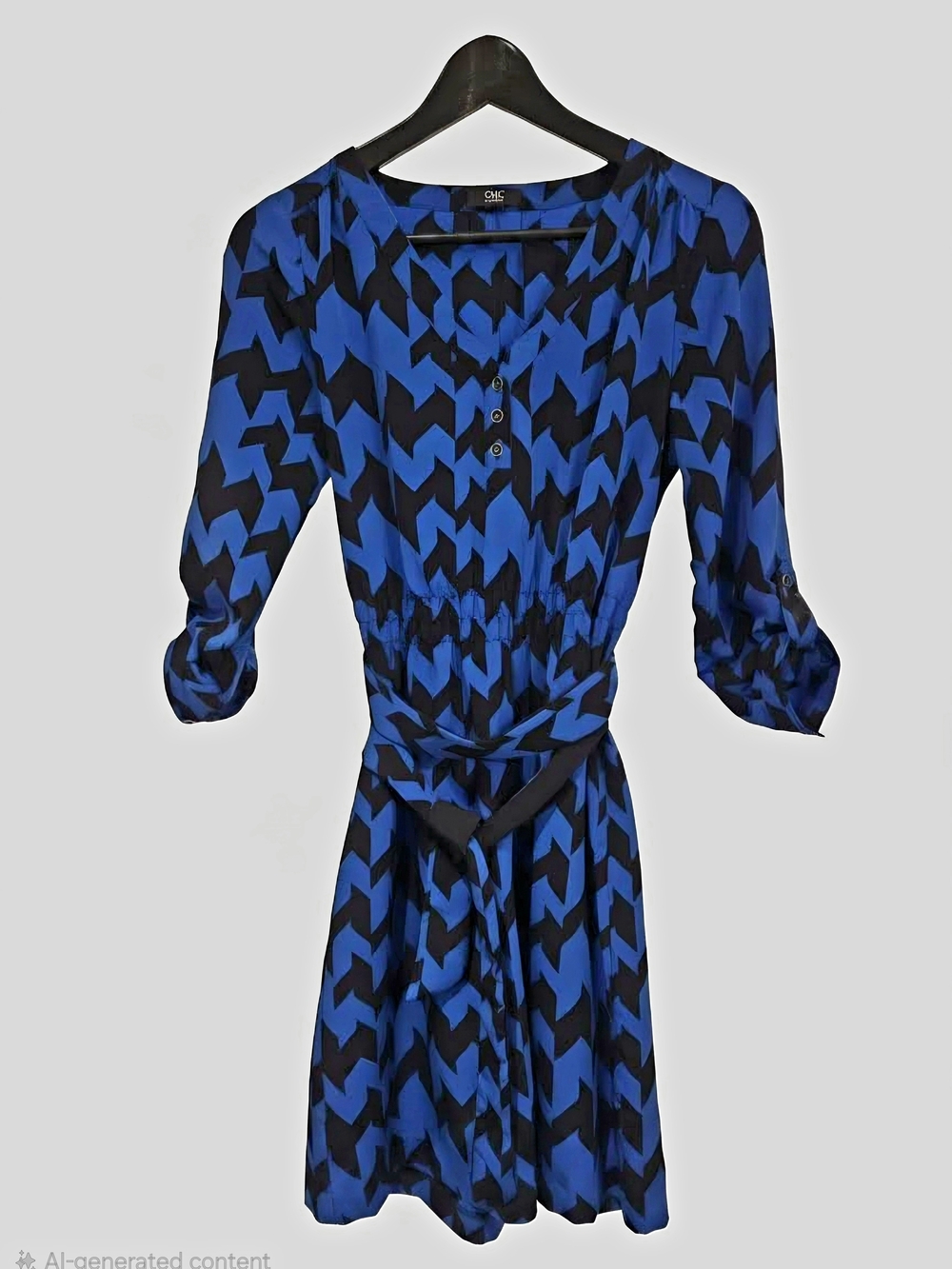 Jacob Blue and Black Geometric Long-Sleeve Shirt Dress